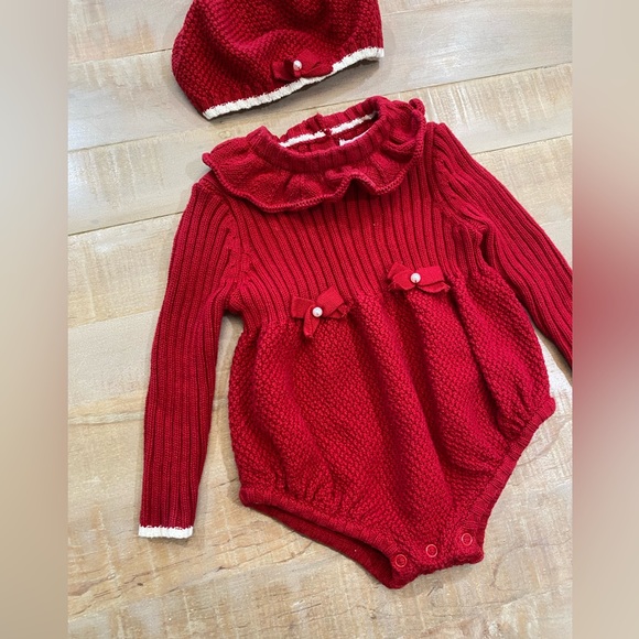Shabby Chic baby girl knit romper dress set worn Pom Pom beret hat - Picture 3 of 12